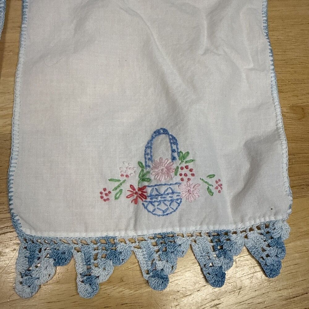 Embroidered Dresser Scarf Runner Flower Easter Basket Crochet Edge Set 2 13”x7” - Picture 4 of 9